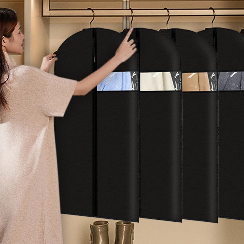 Get 5 high-quality garment dust covers with a convenient viewing window. These portable bags are durable and perfect for protecting shirts, suits, dresses, and coats. Keep your clothes organized at home with these premium storage organizers.