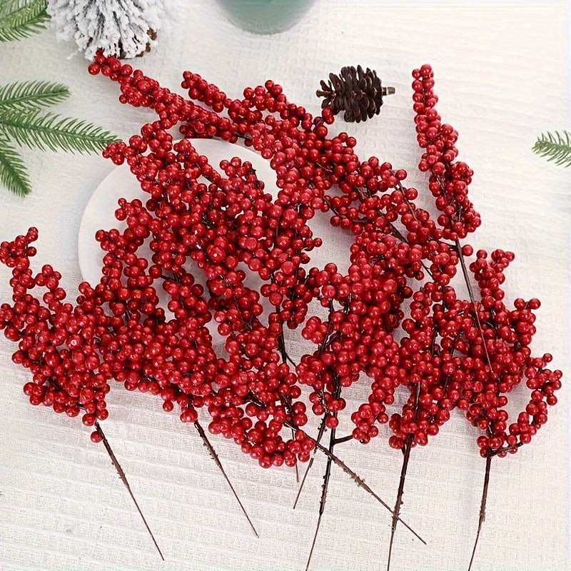 10 Vibrant Red Artificial Berries: Glossy, No-Power Needed, Ideal for DIY Christmas Decor, Weddings, and Opening Ceremonies in Classic Plastic Style.