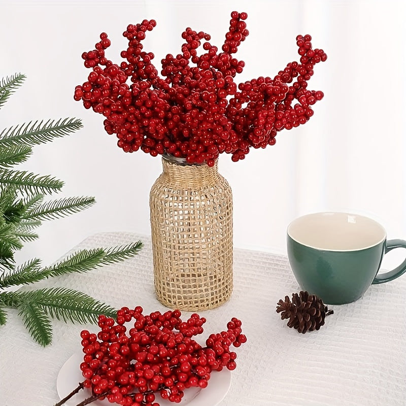 10 Vibrant Red Artificial Berries: Glossy, No-Power Needed, Ideal for DIY Christmas Decor, Weddings, and Opening Ceremonies in Classic Plastic Style.