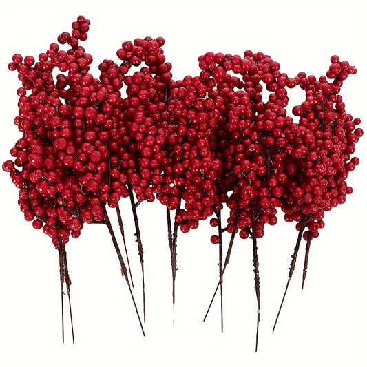 10 Vibrant Red Artificial Berries: Glossy, No-Power Needed, Ideal for DIY Christmas Decor, Weddings, and Opening Ceremonies in Classic Plastic Style.