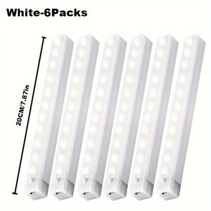 6 USB rechargeable LED lights with 30 LEDs each, magnetic stick-on strips in white. Versatile for closets, kitchens, stairs, and more. Adjustable brightness and 120° detection for indoor motion sensing.