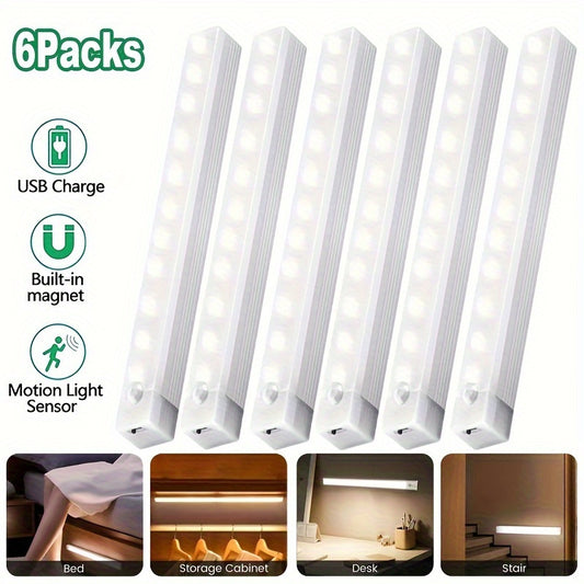 6 USB rechargeable LED lights with 30 LEDs each, magnetic stick-on strips in white. Versatile for closets, kitchens, stairs, and more. Adjustable brightness and 120° detection for indoor motion sensing.