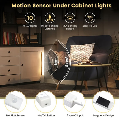 6 USB rechargeable LED lights with 30 LEDs each, magnetic stick-on strips in white. Versatile for closets, kitchens, stairs, and more. Adjustable brightness and 120° detection for indoor motion sensing.