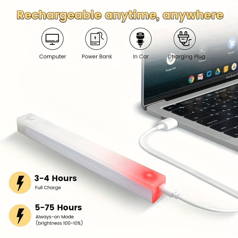 6 USB rechargeable LED lights with 30 LEDs each, magnetic stick-on strips in white. Versatile for closets, kitchens, stairs, and more. Adjustable brightness and 120° detection for indoor motion sensing.