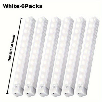 6 USB rechargeable LED lights with 30 LEDs each, magnetic stick-on strips in white. Versatile for closets, kitchens, stairs, and more. Adjustable brightness and 120° detection for indoor motion sensing.