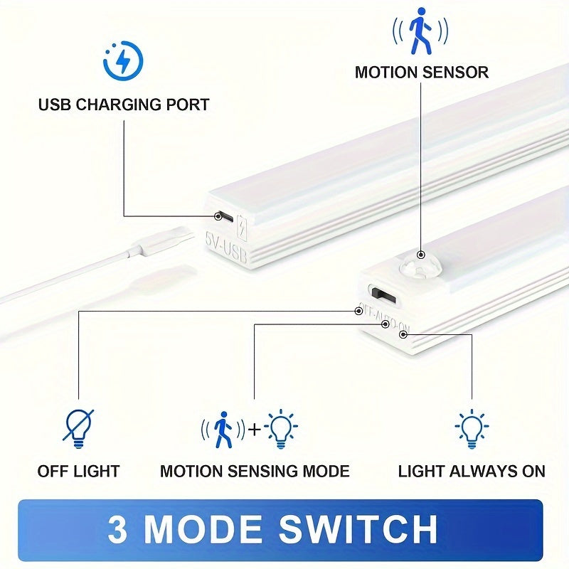 6 USB rechargeable LED lights with 30 LEDs each, magnetic stick-on strips in white. Versatile for closets, kitchens, stairs, and more. Adjustable brightness and 120° detection for indoor motion sensing.