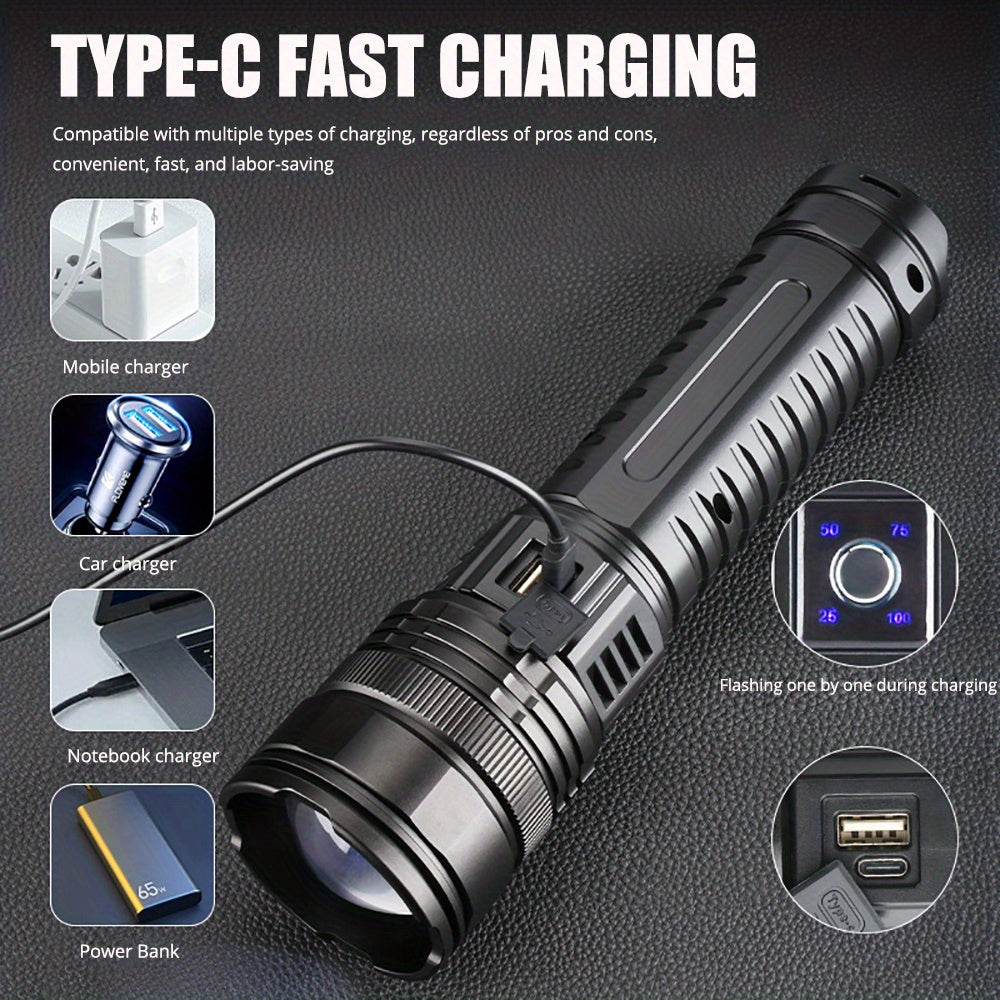 Rechargeable tactical LED flashlight with 5 lighting modes, COB tail light, USB charging, and durable design. Ideal for emergencies, hiking, and camping. Includes gift box and USB cable.