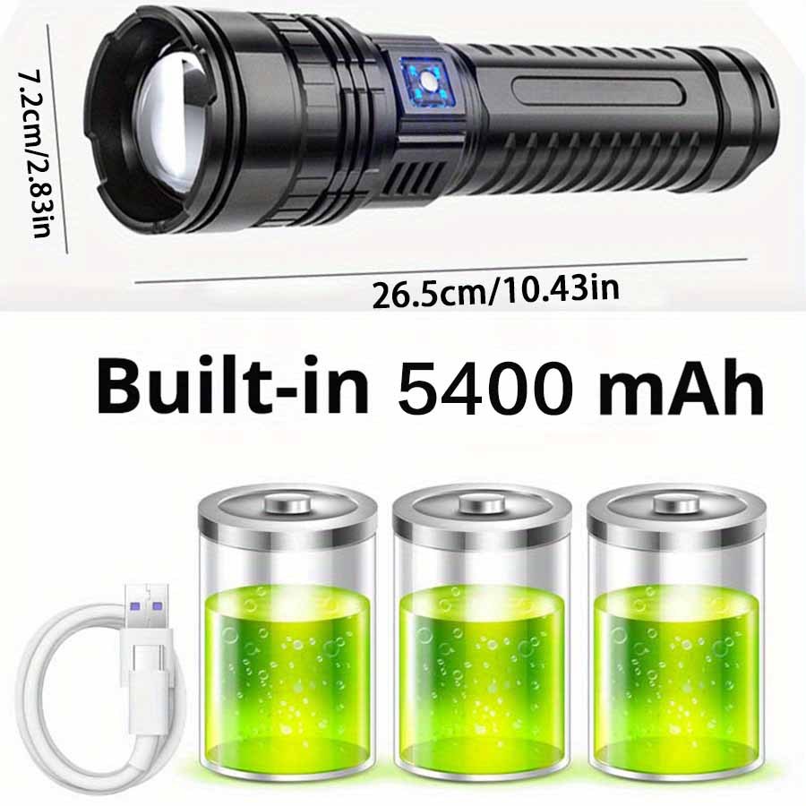 Rechargeable tactical LED flashlight with 5 lighting modes, COB tail light, USB charging, and durable design. Ideal for emergencies, hiking, and camping. Includes gift box and USB cable.