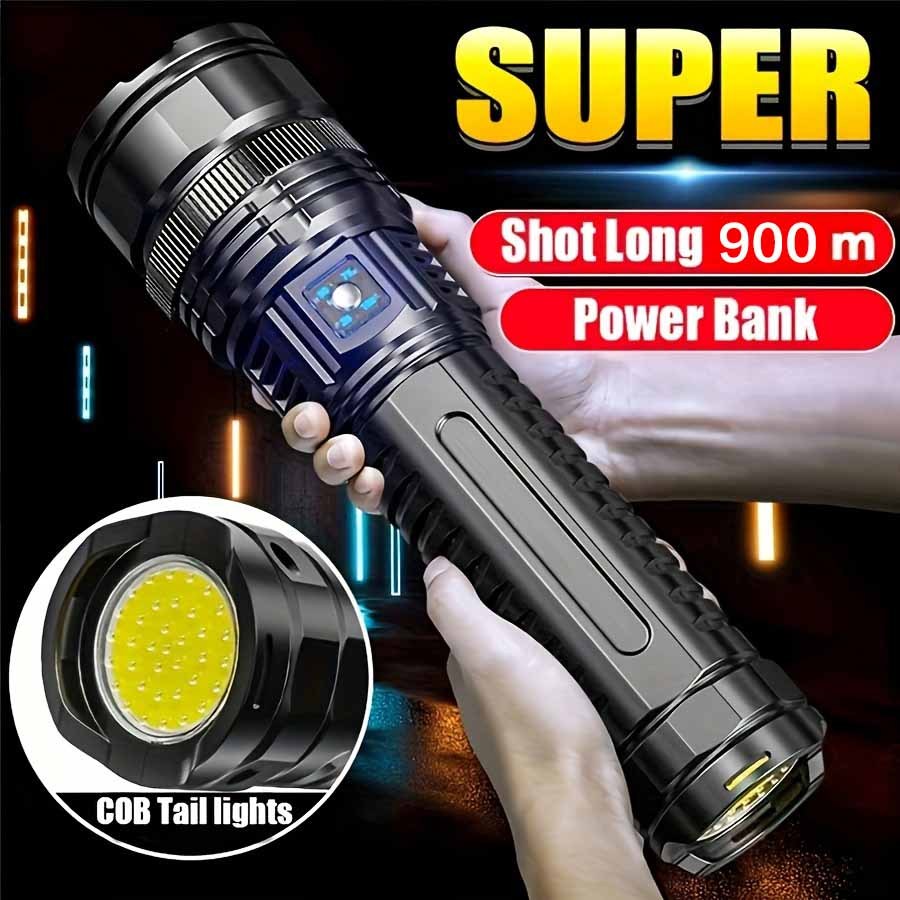 Rechargeable tactical LED flashlight with 5 lighting modes, COB tail light, USB charging, and durable design. Ideal for emergencies, hiking, and camping. Includes gift box and USB cable.