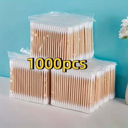 Pack of 1000 double-ended cotton swabs, unscented and low allergenic, ideal for ear and makeup cleaning. Suitable for personal care.