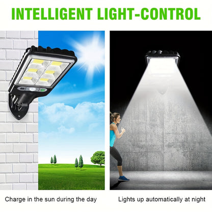 Solar motion sensor lights pack with controller for security lighting in garden or yard.