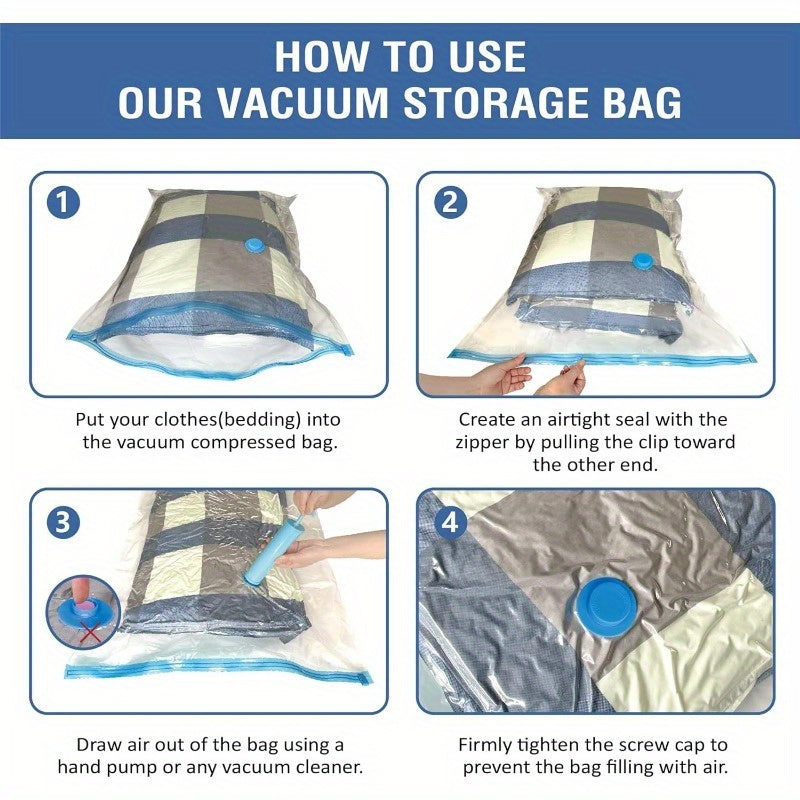 A set of 9 vacuum storage bags with a hand pump for compressing and saving space. Ideal for comforters, blankets, and clothes. These multipurpose bags have an extended shape and are made of plastic, no electricity required.