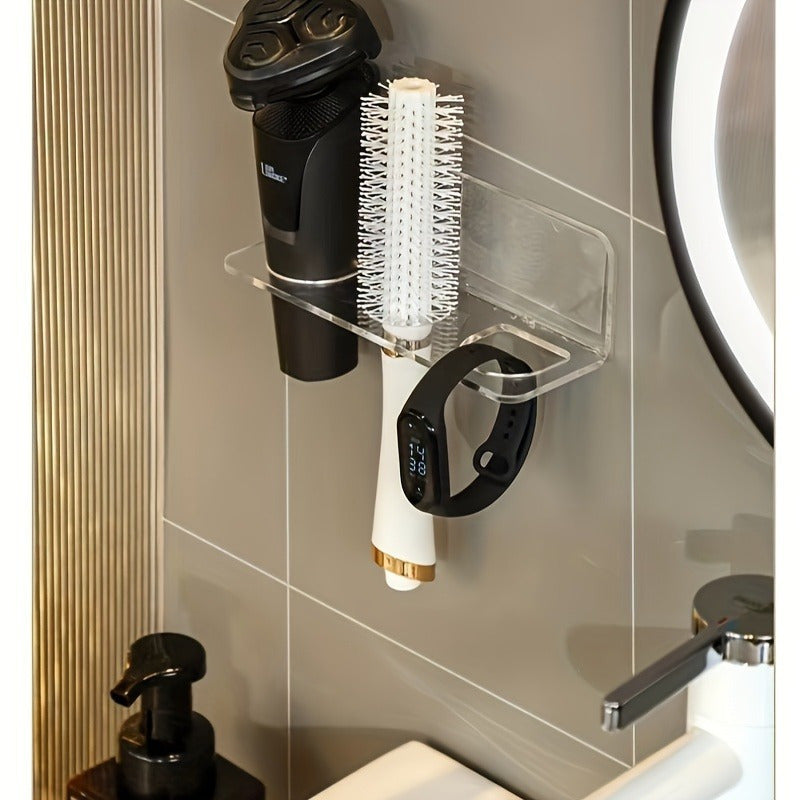 Acrylic hair brush holder for bathroom storage, clear plastic organizer. No drilling required, mounts on wall. Holds combs and toiletries. Transparent design, does not require electricity.