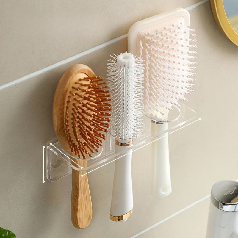 Acrylic hair brush holder for bathroom storage, clear plastic organizer. No drilling required, mounts on wall. Holds combs and toiletries. Transparent design, does not require electricity.