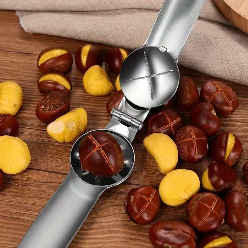 Effortlessly crack hard shells and remove pits with the Easy-Grip Stainless Steel Chestnut Opener, ideal for kitchen and dining use.