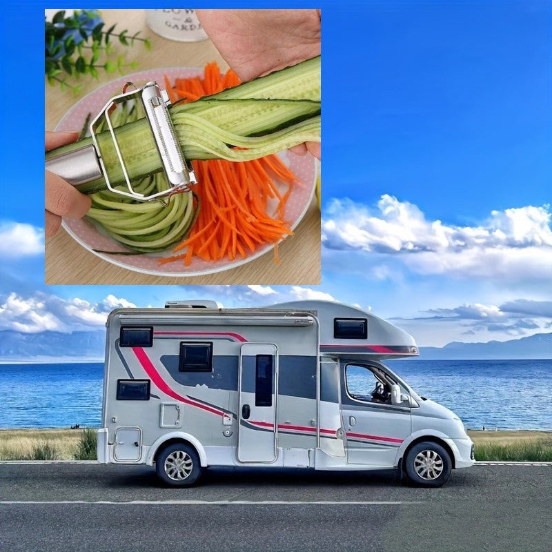 Essential stainless steel tool for peeling, grating, shredding, and cutting fruits and vegetables. Compact for RVs and dorms - perfect for home cooks.