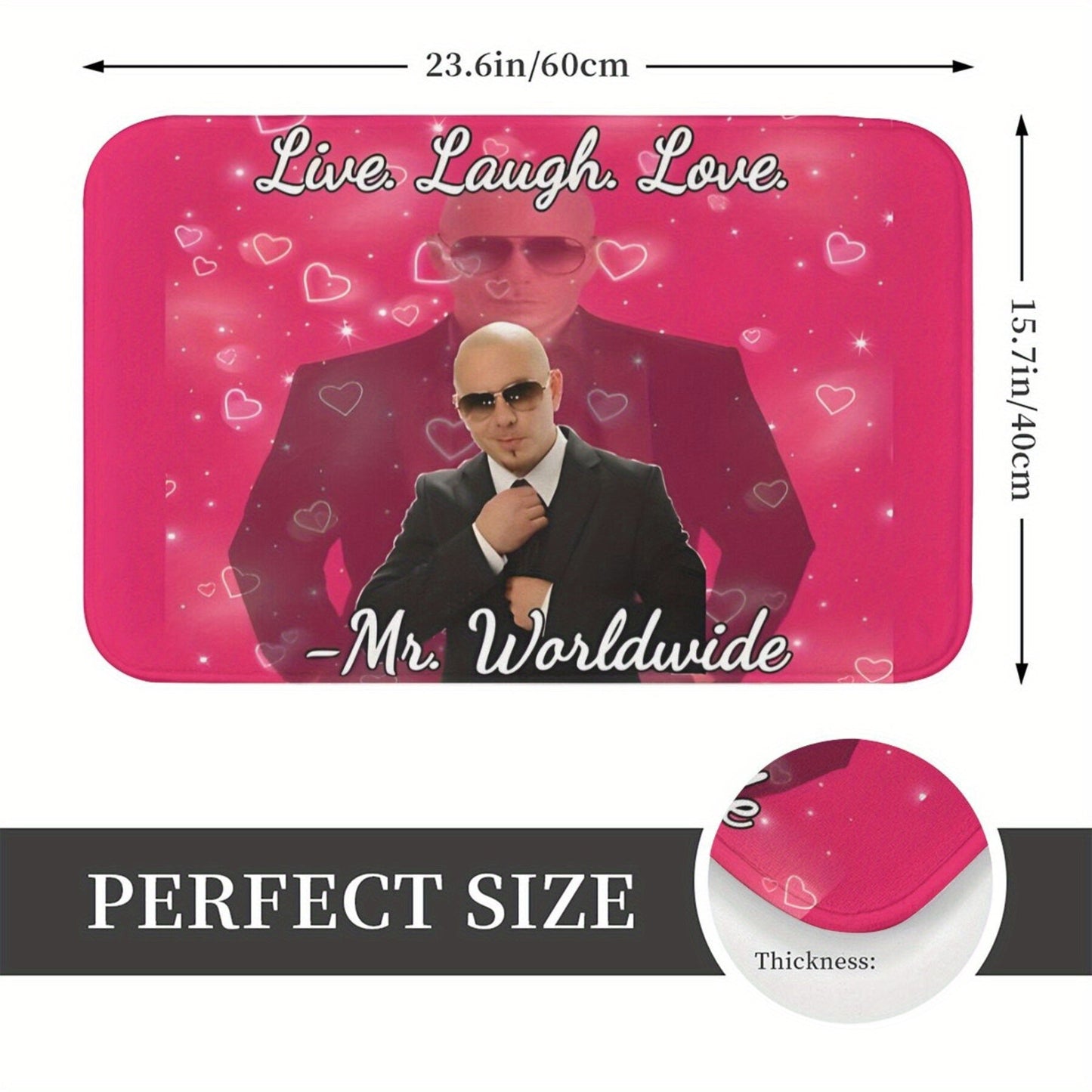 "Mr. Worldwide Live Laugh Love" Qaytmas Slipsiz Kirish Gilami - Qizil fon va yurak aksentlari bilan to‘g‘ri to‘rtburchakli Polyester Xush kelibsiz Gilami, Ilhomlantiruvchi Dizayn, Yashash xonasi, Yotoqxona Dekori uchun Mashinada Yuvish mumkin