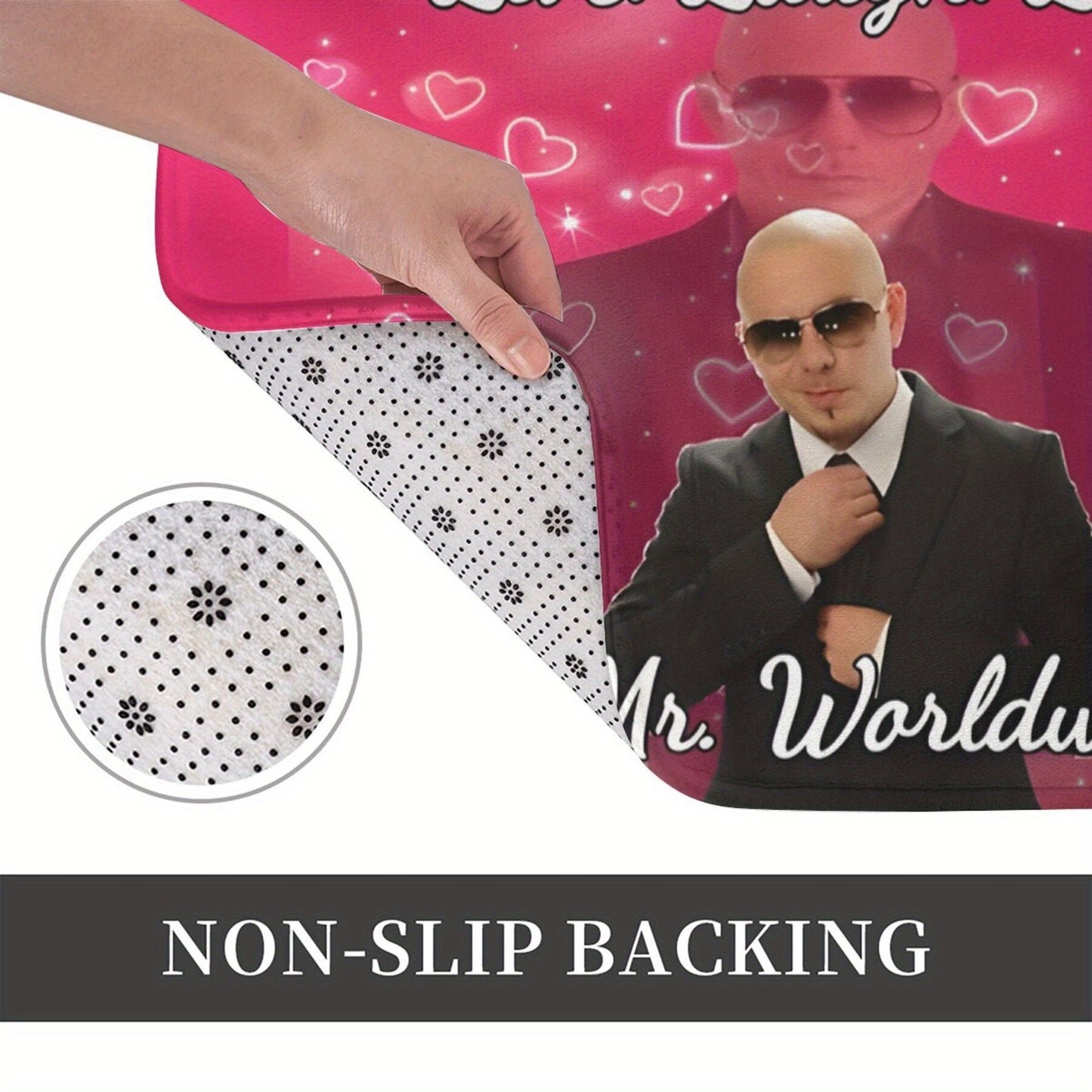 Mr. Worldwide Live Laugh Love" Non-Slip Doormat - Rectangular Polyester Welcome Mat with Pink Background and Heart Accents, Inspirational Design, Machine Washable for Living Room, Bedroom Decor