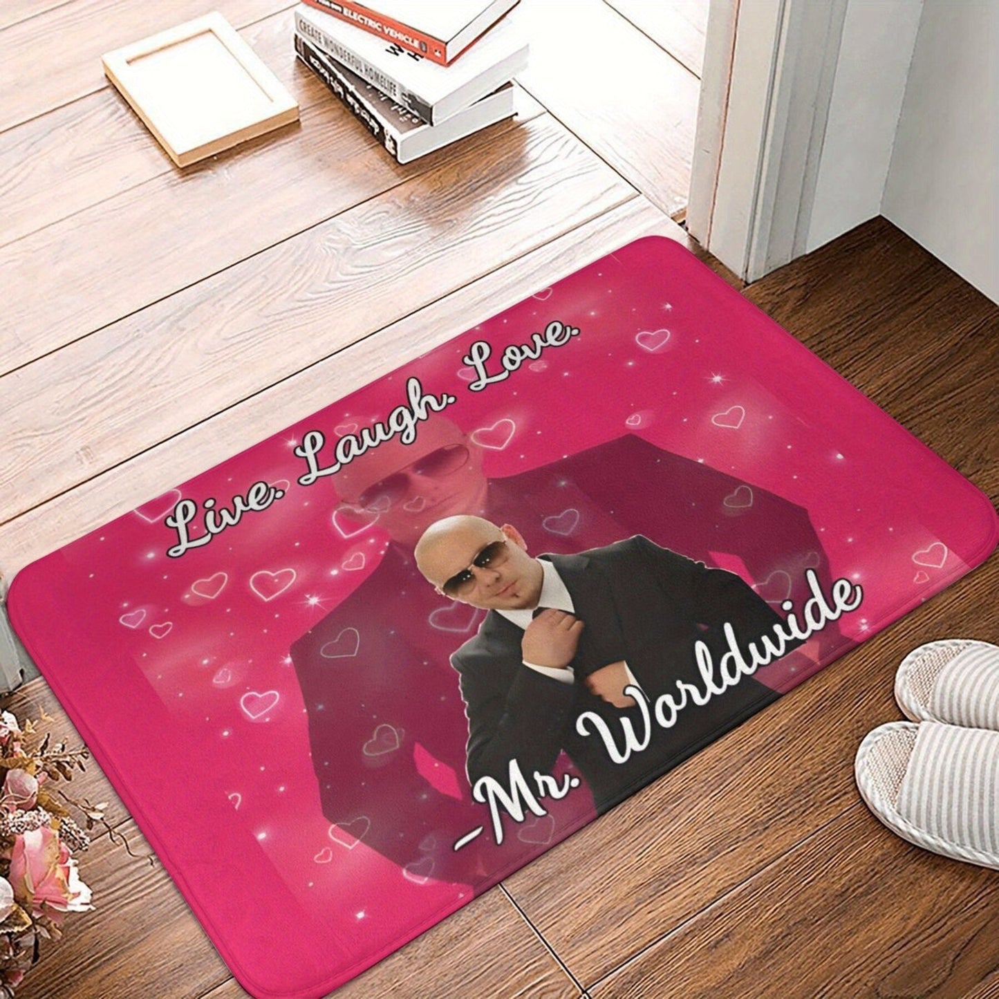 Mr. Worldwide Live Laugh Love" Non-Slip Doormat - Rectangular Polyester Welcome Mat with Pink Background and Heart Accents, Inspirational Design, Machine Washable for Living Room, Bedroom Decor