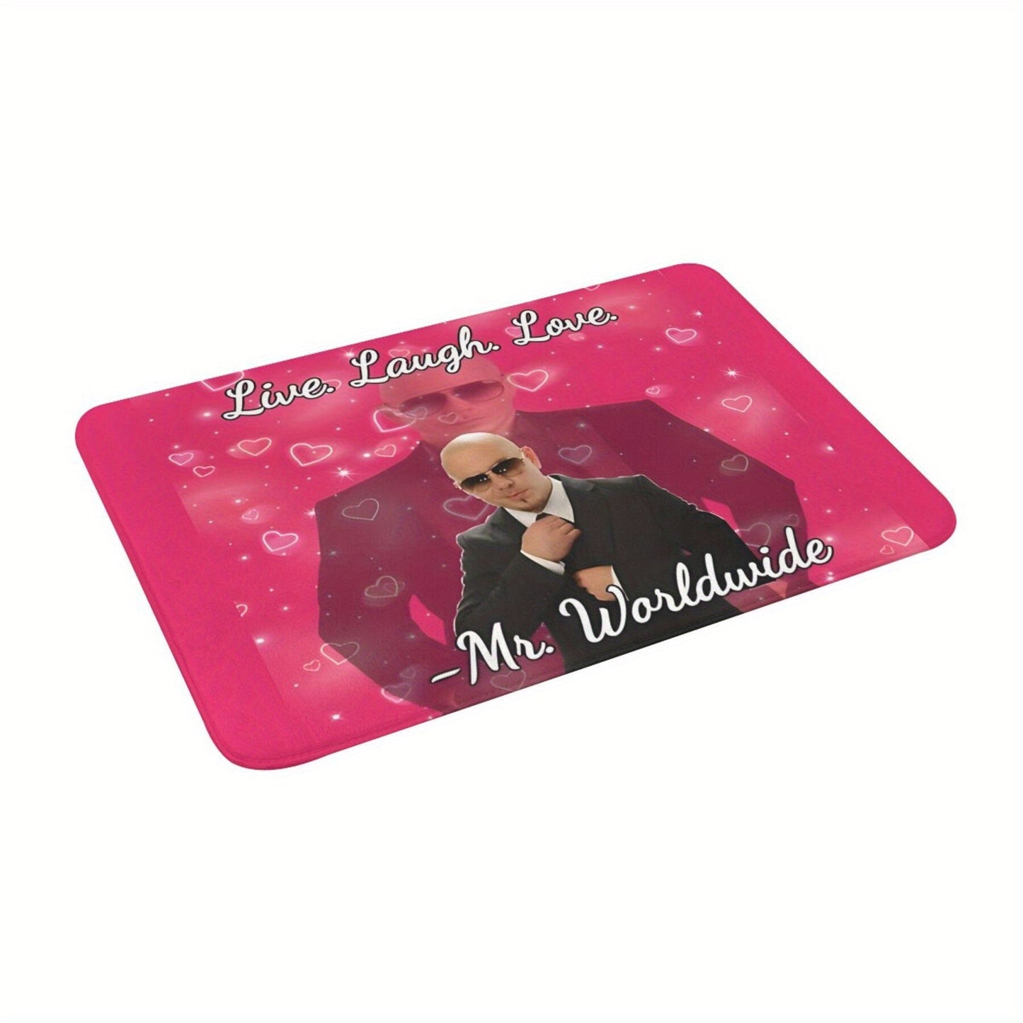 Mr. Worldwide Live Laugh Love" Non-Slip Doormat - Rectangular Polyester Welcome Mat with Pink Background and Heart Accents, Inspirational Design, Machine Washable for Living Room, Bedroom Decor