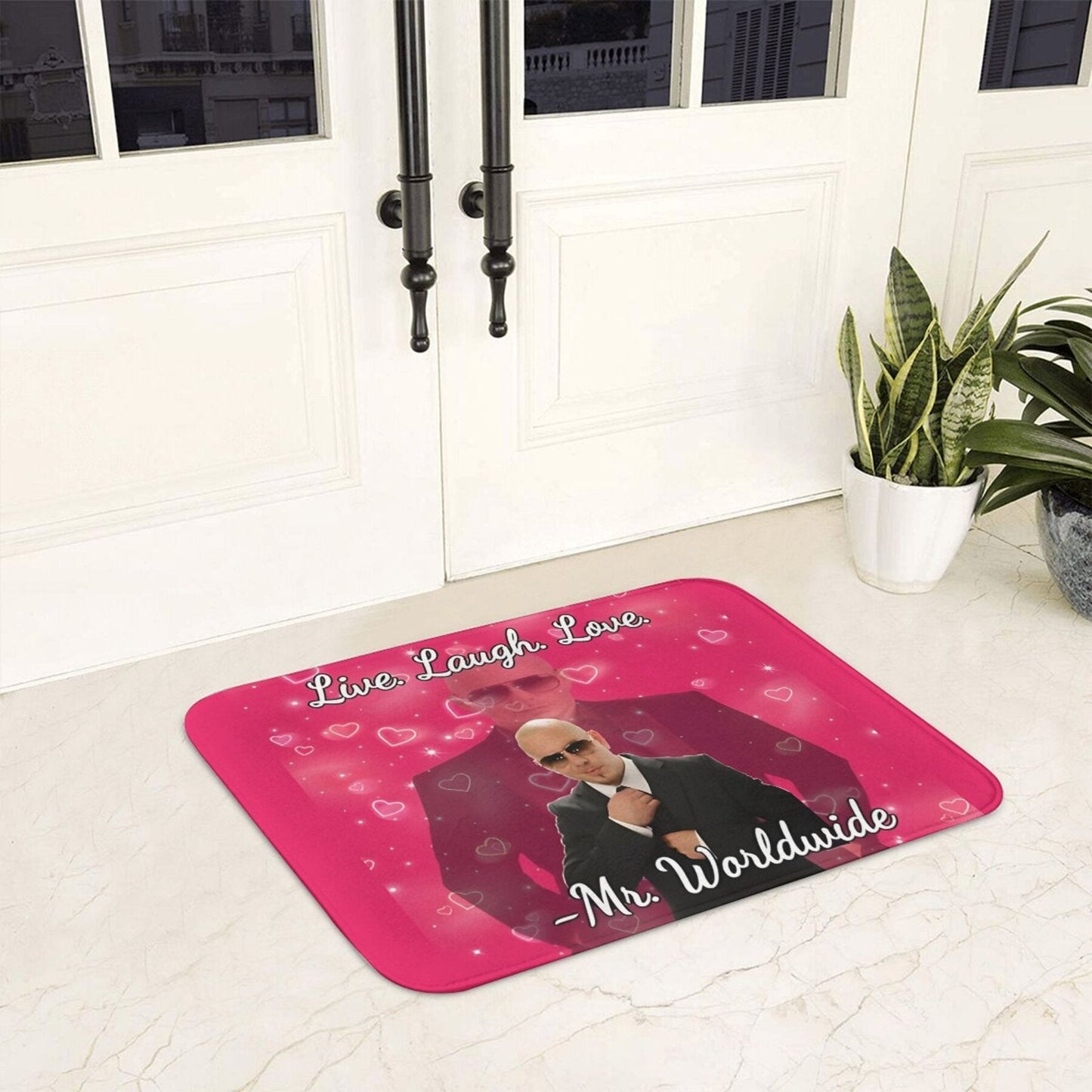 Mr. Worldwide Live Laugh Love" Non-Slip Doormat - Rectangular Polyester Welcome Mat with Pink Background and Heart Accents, Inspirational Design, Machine Washable for Living Room, Bedroom Decor