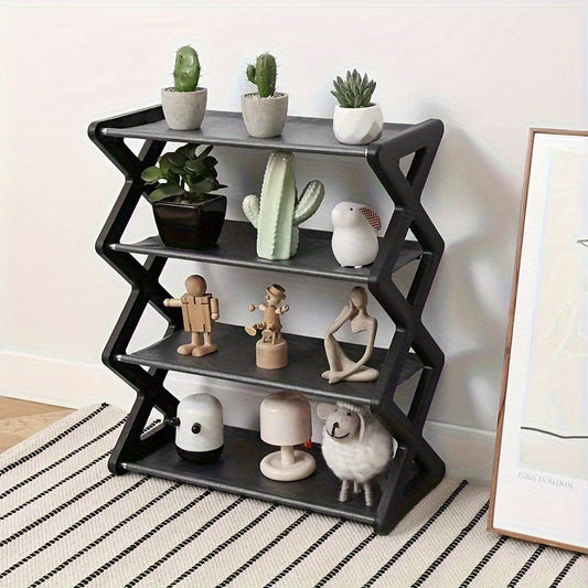 Upgrade your shoe storage with this black plastic 4-tier shoe rack, perfect for your closet, garage, or hallway. This stackable entryway shoe organizer is durable and practical for keeping your shoes organized.