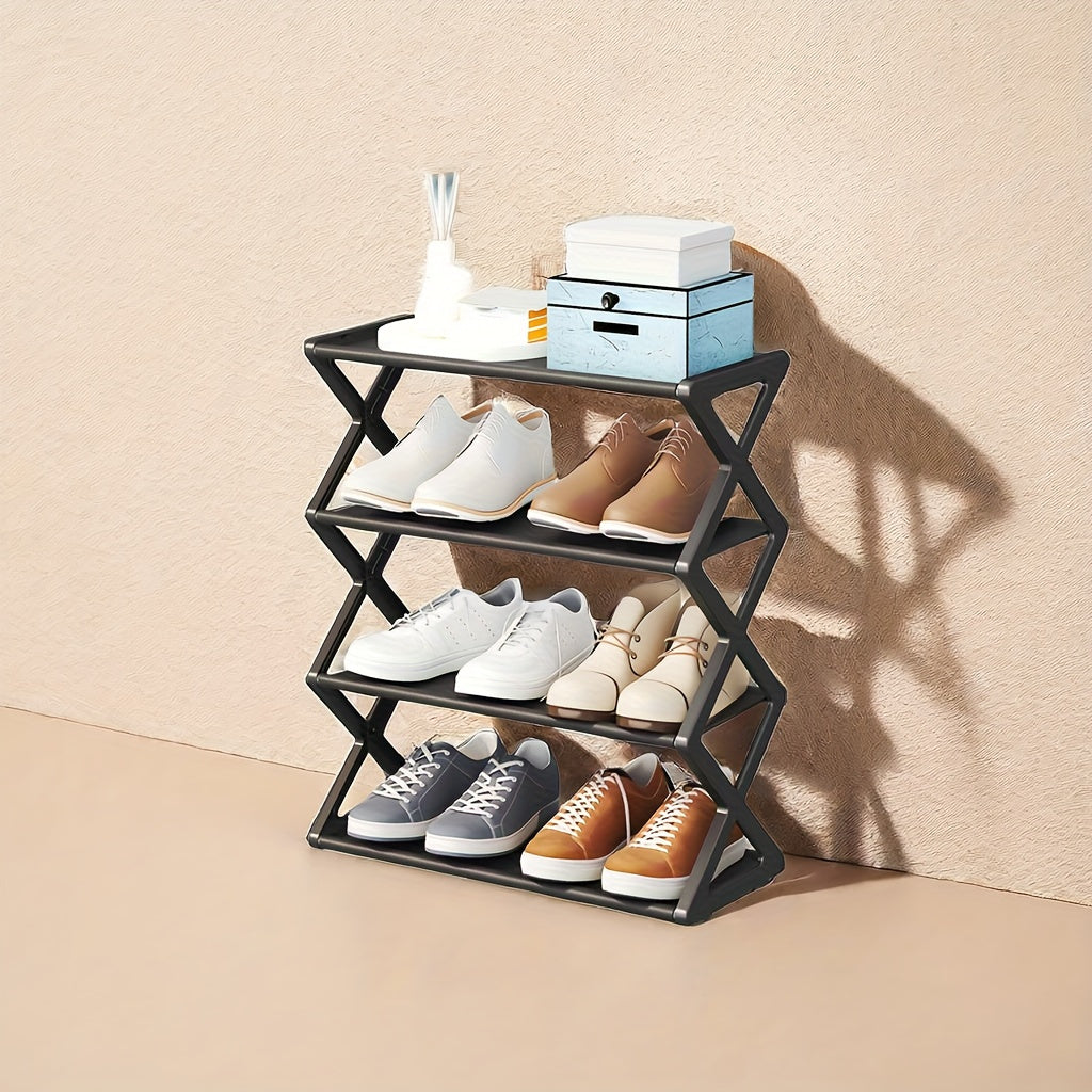 Upgrade your shoe storage with this black plastic 4-tier shoe rack, perfect for your closet, garage, or hallway. This stackable entryway shoe organizer is durable and practical for keeping your shoes organized.