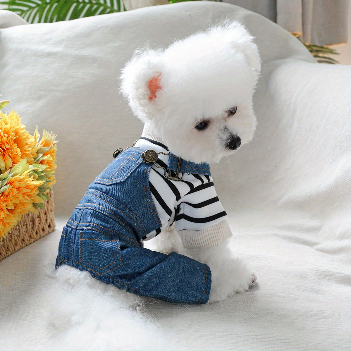 Striped denim jumpsuit for small breeds like Pomeranians and Yorkies, with easy snap closure. Ideal for all seasons.