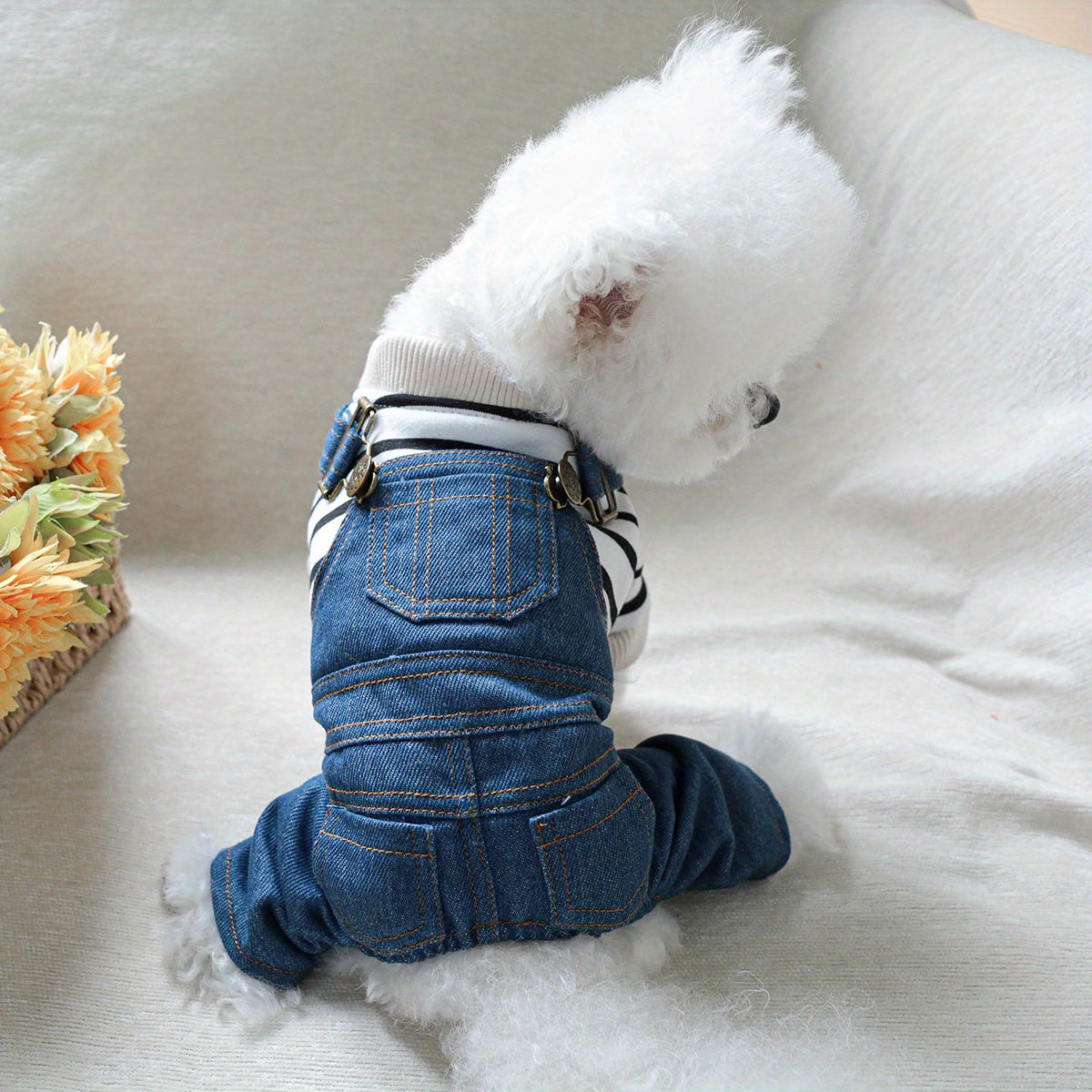 Striped denim jumpsuit for small breeds like Pomeranians and Yorkies, with easy snap closure. Ideal for all seasons.