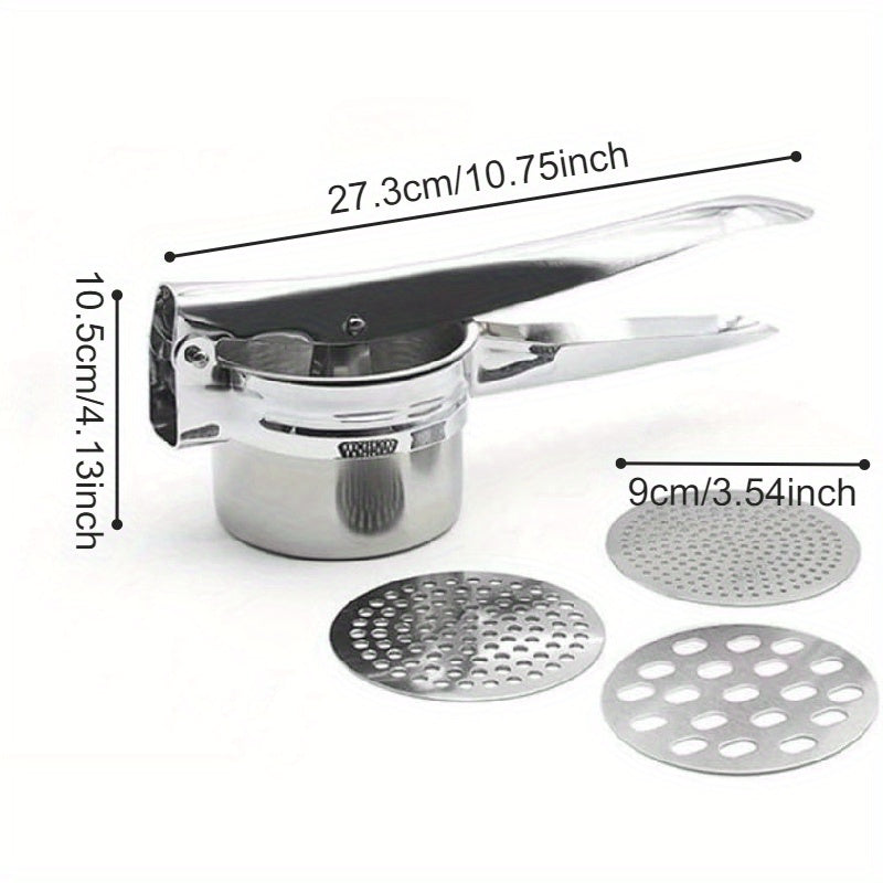 Durable Home Cooking Tool - Stainless Steel Mashed Potato Press with 3 Interchangeable Plates, 25.4 cm Manual Potato Masher for Vegetables, Fruits, Yams, and Pumpkins - Set of 4 Pieces