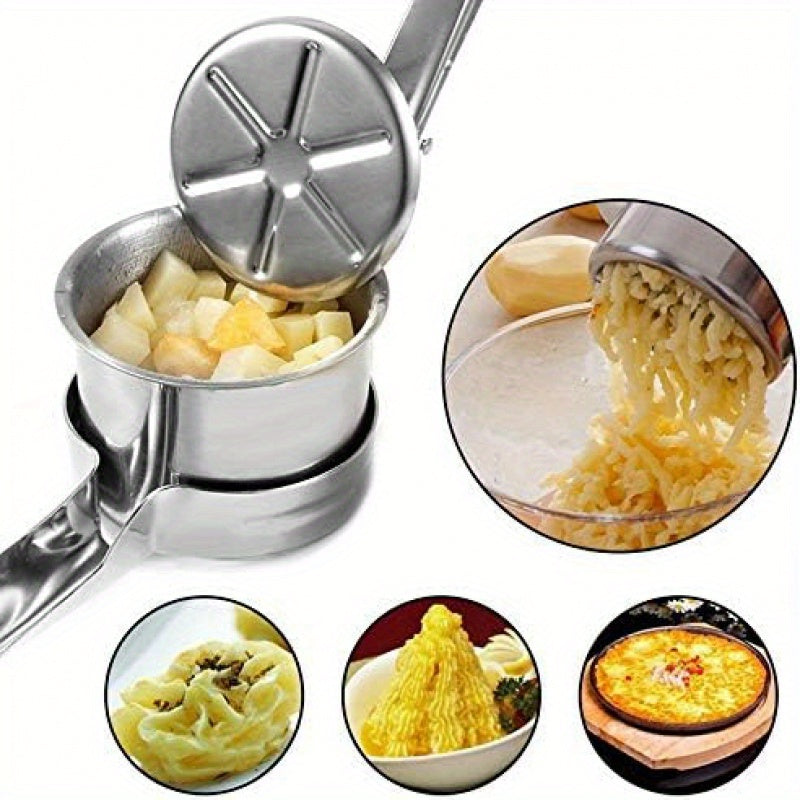 Durable Home Cooking Tool - Stainless Steel Mashed Potato Press with 3 Interchangeable Plates, 25.4 cm Manual Potato Masher for Vegetables, Fruits, Yams, and Pumpkins - Set of 4 Pieces