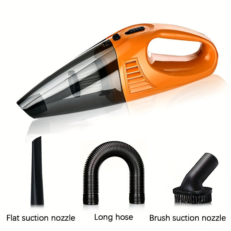 Handheld car vacuum cleaner with strong suction, low noise, and portable design, ideal for cars, RVs, and homes. Features include cloth filter, one-click dusting, 0.4L dust cup, and 5m cord.