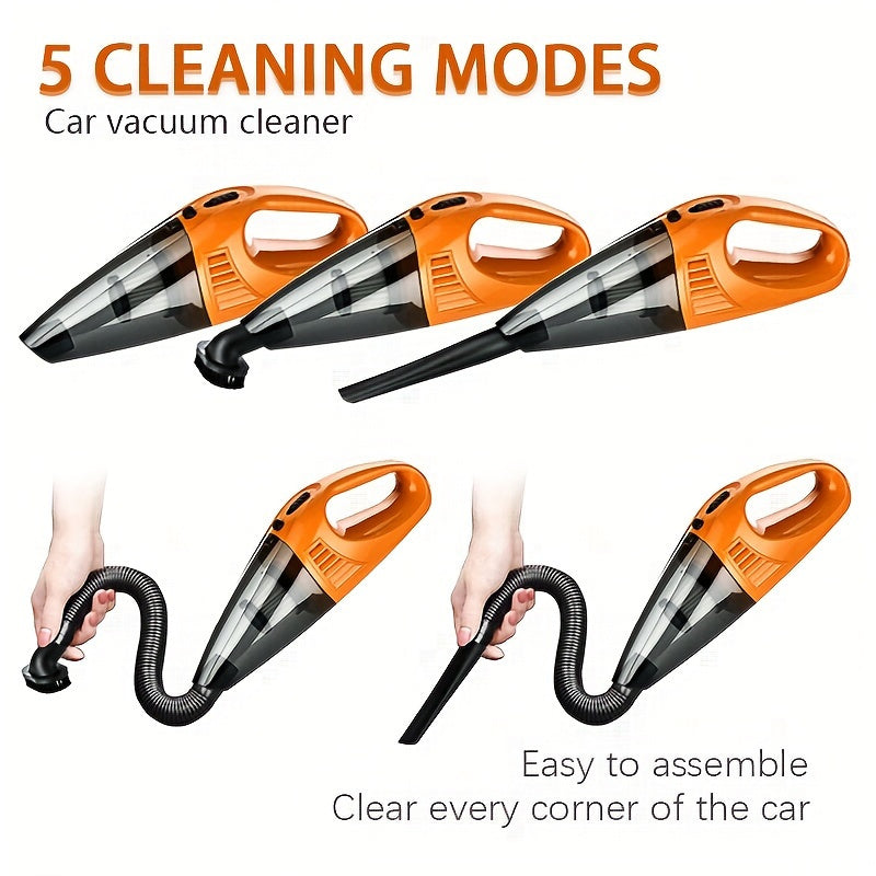 Handheld car vacuum cleaner with strong suction, low noise, and portable design, ideal for cars, RVs, and homes. Features include cloth filter, one-click dusting, 0.4L dust cup, and 5m cord.