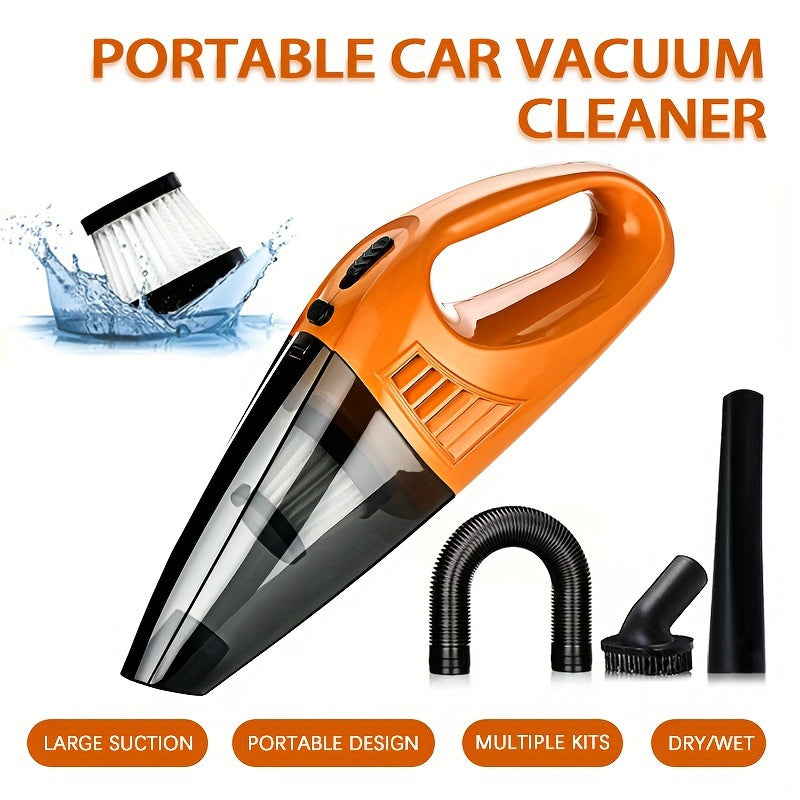 Handheld car vacuum cleaner with strong suction, low noise, and portable design, ideal for cars, RVs, and homes. Features include cloth filter, one-click dusting, 0.4L dust cup, and 5m cord.