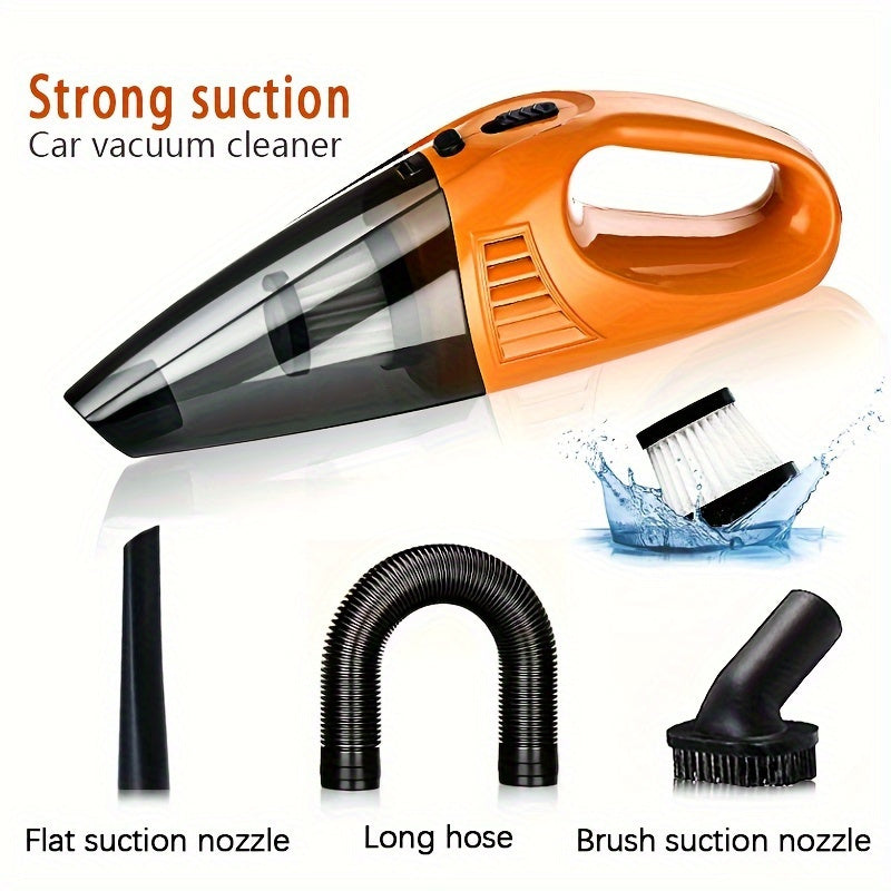 Handheld car vacuum cleaner with strong suction, low noise, and portable design, ideal for cars, RVs, and homes. Features include cloth filter, one-click dusting, 0.4L dust cup, and 5m cord.