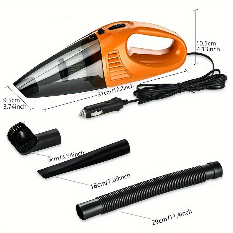 Handheld car vacuum cleaner with strong suction, low noise, and portable design, ideal for cars, RVs, and homes. Features include cloth filter, one-click dusting, 0.4L dust cup, and 5m cord.