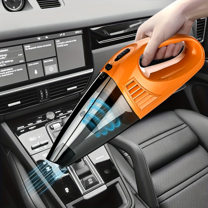 Handheld car vacuum cleaner with strong suction, low noise, and portable design, ideal for cars, RVs, and homes. Features include cloth filter, one-click dusting, 0.4L dust cup, and 5m cord.