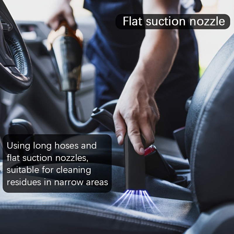 Handheld car vacuum cleaner with strong suction, low noise, and portable design, ideal for cars, RVs, and homes. Features include cloth filter, one-click dusting, 0.4L dust cup, and 5m cord.