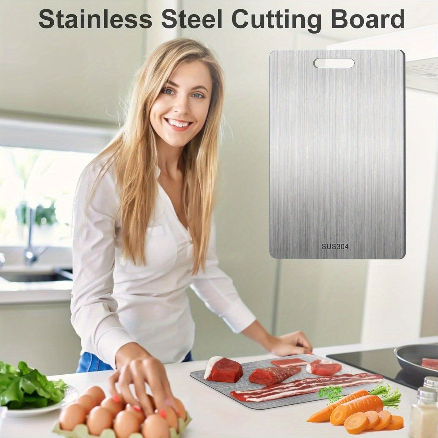 This high-quality Double-Sided Titanium Cutting Board is made from 304 Stainless Steel, making it easy to clean and suitable for kitchen and dining use. With an ergonomic handle, it is perfect for vegetable chopping and is a durable kitchen essential.