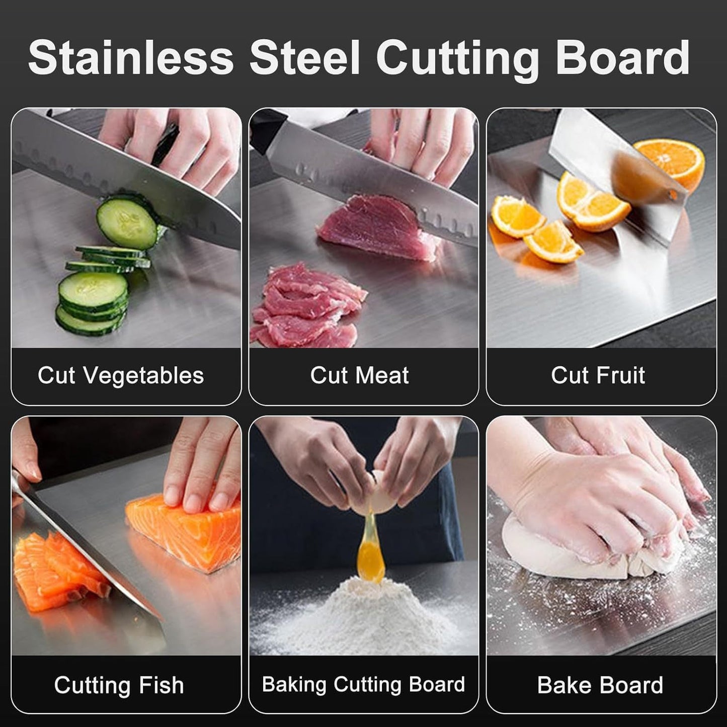 This high-quality Double-Sided Titanium Cutting Board is made from 304 Stainless Steel, making it easy to clean and suitable for kitchen and dining use. With an ergonomic handle, it is perfect for vegetable chopping and is a durable kitchen essential.