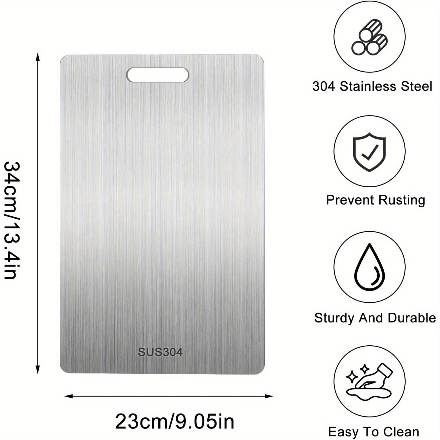 This high-quality Double-Sided Titanium Cutting Board is made from 304 Stainless Steel, making it easy to clean and suitable for kitchen and dining use. With an ergonomic handle, it is perfect for vegetable chopping and is a durable kitchen essential.