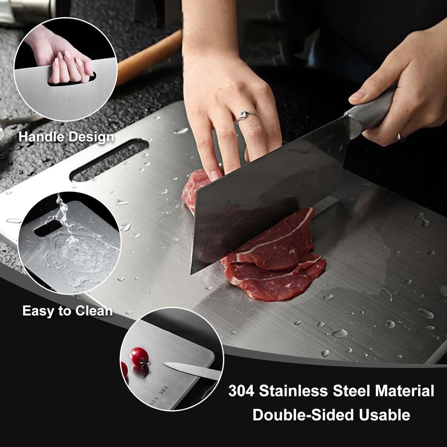 This high-quality Double-Sided Titanium Cutting Board is made from 304 Stainless Steel, making it easy to clean and suitable for kitchen and dining use. With an ergonomic handle, it is perfect for vegetable chopping and is a durable kitchen essential.