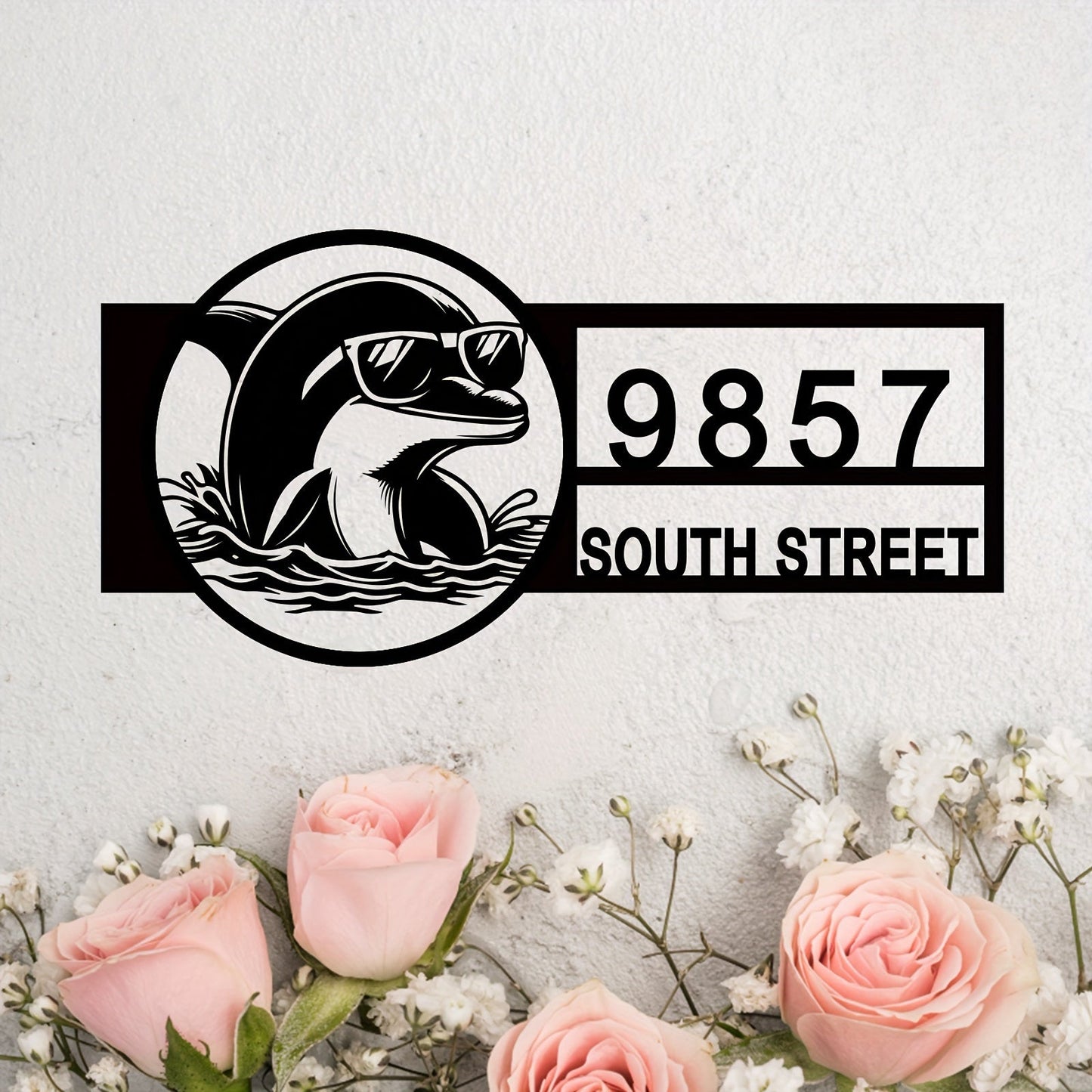 Stylish Dolphin Metal Address Sign with Glasses - Black, Beach-Inspired Outdoor House Number Plaque, Perfect for Housewarming or New Home Gift