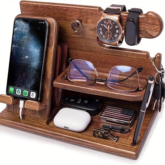 Nightstand Organizer made of Wood with Phone Charging Dock, Watch Holder, and Tiered Shelves - Perfect Countertop Storage Solution for Any Room - Great Gift for Dad, Husband, or Special Occasions - Ideal for Bedroom and Office Decoration.