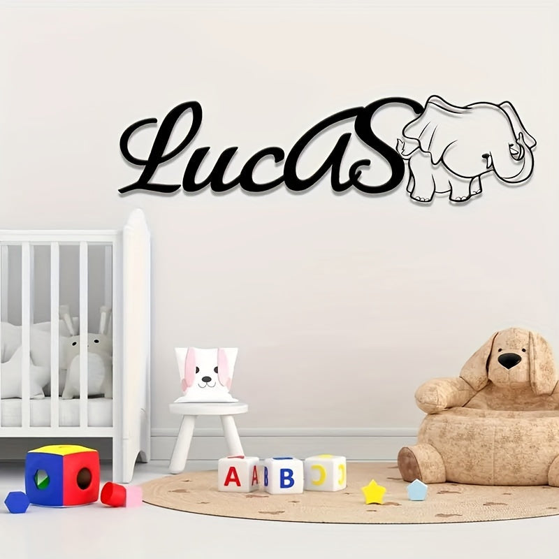 Black Iron Wall Decor with Cute Elephant Design, Customized with 'Lucas' Name for Children's Room