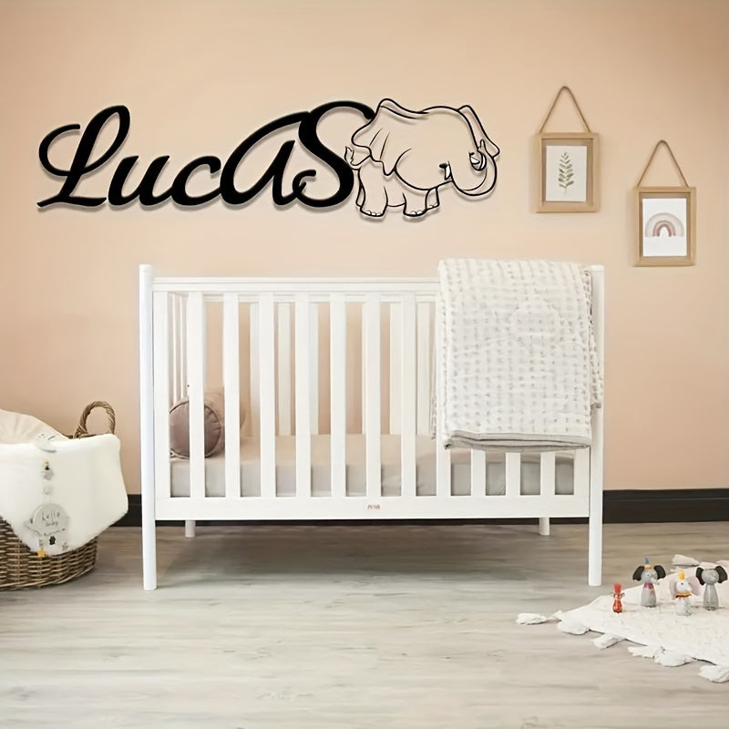 Black Iron Wall Decor with Cute Elephant Design, Customized with 'Lucas' Name for Children's Room