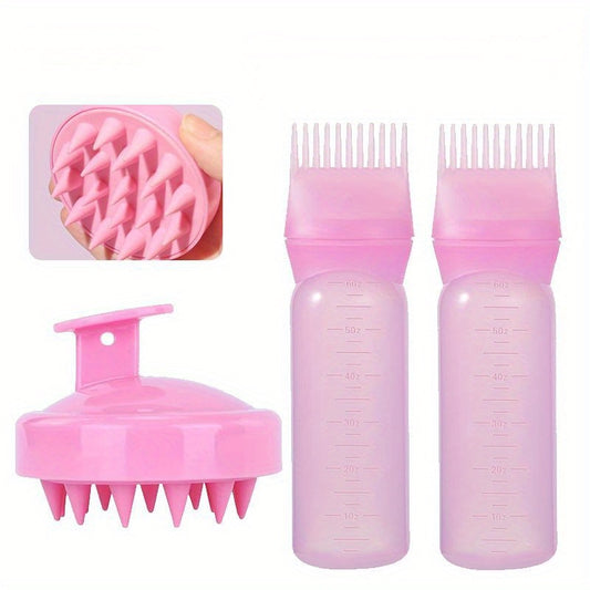 Hair care kit includes 2 or 3 pieces with scalp massager, shampoo brush, and root comb applicator bottle. Suitable for all hair types.