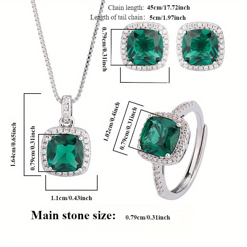 Luxurious Vintage-Inspired Copper Jewelry Set Featuring Square-Cut Simulated Emeralds and Rhinestone Accents, Perfect for Women at Parties, Banquets, and All Seasons - Includes Ring, Necklace, and Earrings