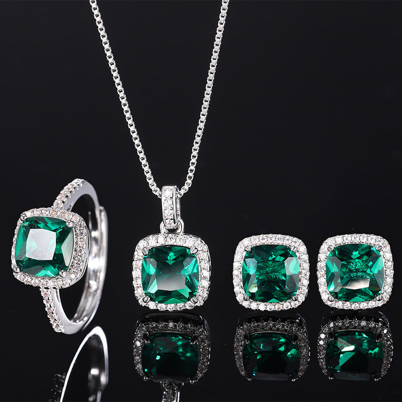 Luxurious Vintage-Inspired Copper Jewelry Set Featuring Square-Cut Simulated Emeralds and Rhinestone Accents, Perfect for Women at Parties, Banquets, and All Seasons - Includes Ring, Necklace, and Earrings