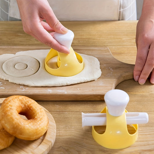 Donut maker kit with non-stick cutter and tongs for home baking.